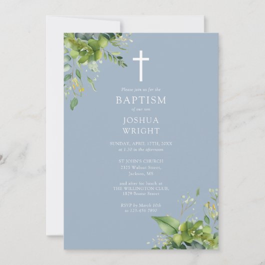 Invitation Dusty Blue Greenery Monogramme Baptême Christening (Devant)