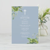 Invitation Dusty Blue Greenery Monogramme Baptême Christening (Debout devant)