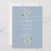 Invitation Dusty Blue Greenery Photo Gold Script Mariage (Devant)