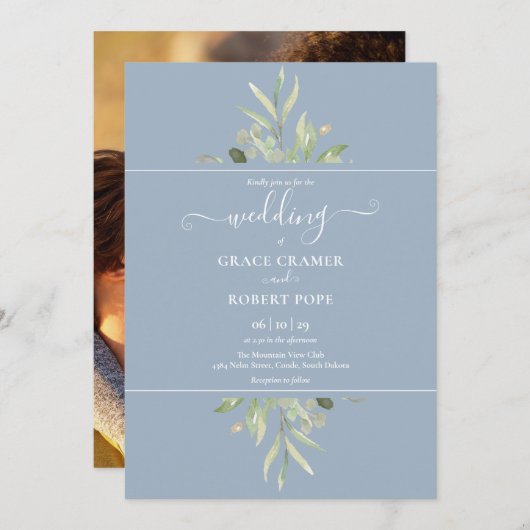 Invitation Dusty Blue Greenery Photo Gold Script Mariage (Devant / Derrière)