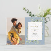 Invitation Dusty Blue Greenery Photo Gold Script Mariage (Debout devant)