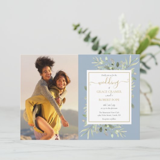Invitation Dusty Blue Greenery Photo Gold Script Mariage (Debout devant)