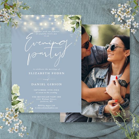 Invitation Dusty Blue Greenery Photo Mariage Soirée