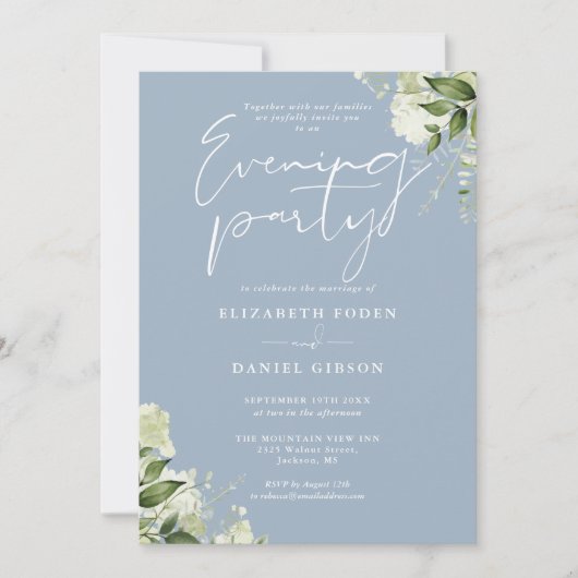 Invitation Dusty Blue Greenery Photo Mariage Soirée (Devant)