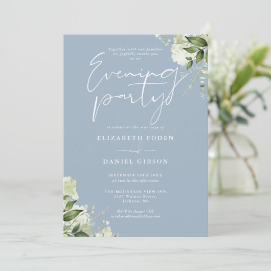 Invitation Dusty Blue Greenery Photo Mariage Soirée (Debout devant)
