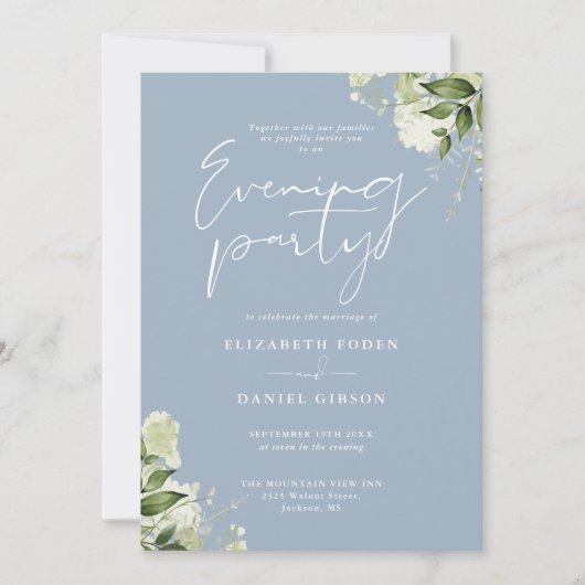Invitation Dusty Blue Greenery QR Code Mariage Soirée (Devant)