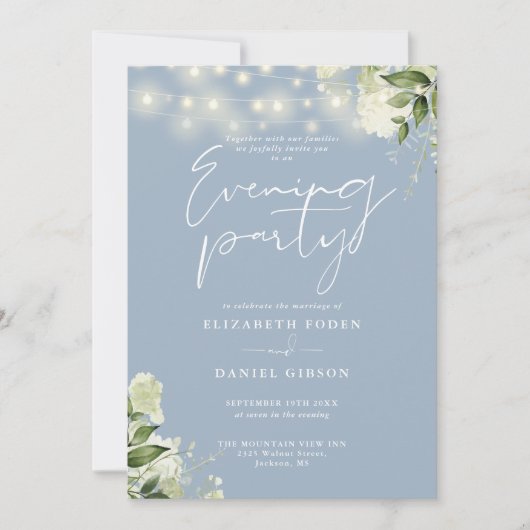 Invitation Dusty Blue Greenery QR Code Mariage Soirée (Devant)
