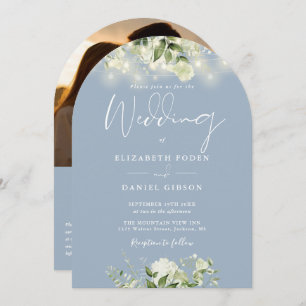 Invitation Dusty Blue Greenery QR Code Photo Arch Mariage