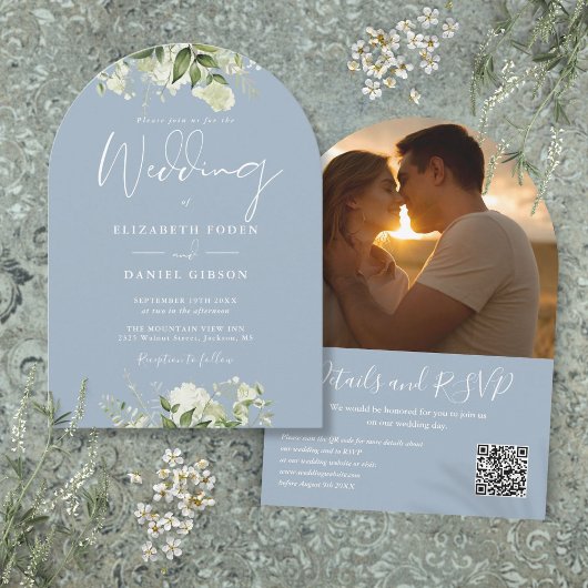 Invitation Dusty Blue Greenery QR Code Photo Arch Mariage