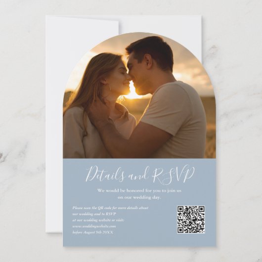 Invitation Dusty Blue Greenery QR Code Photo Arch Mariage (Dos)