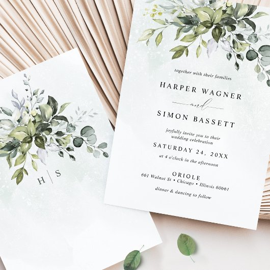 Invitation Dusty Blue Greenery Succulent Eucalyptus Mariage