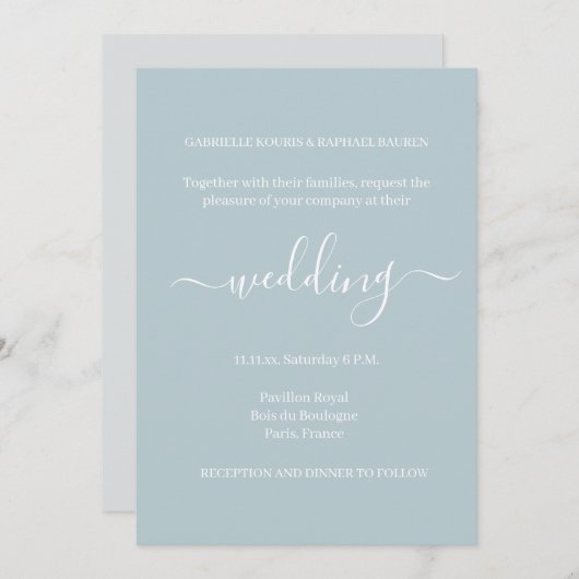 Invitation Dusty Blue Grey Blanc Minimaliste Élégant Mariage (Devant / Derrière)
