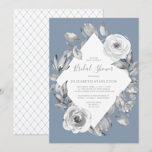 Invitation Dusty Blue Grey Floral Diamond Fête des mariées (Devant / Derrière)