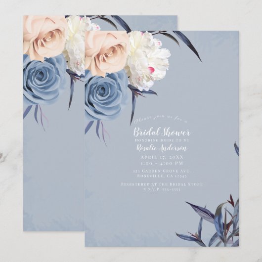 Invitation Dusty Blue Grey & Peach Floral Fête des mariées (Devant / Derrière)
