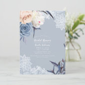 Invitation Dusty Blue Grey & Peach Floral Lace Fête des marié (Debout devant)