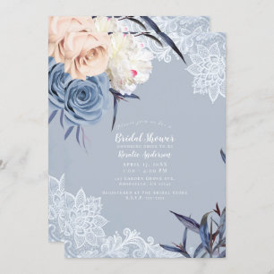 Invitation Dusty Blue Grey & Peach Floral Lace Fête des marié