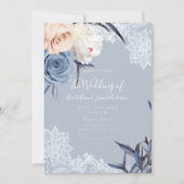 Invitation Dusty Blue Grey & Peach Floral Lace Mariage (Devant)