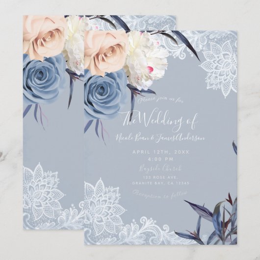 Invitation Dusty Blue Grey & Peach Floral Lace Mariage (Devant / Derrière)