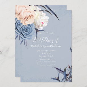 Invitation Dusty Blue Grey & Peach Floral Mariage