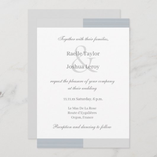 Invitation Dusty Blue Gris blanc rayures Ampersand Mariage (Devant / Derrière)