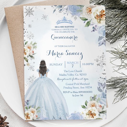 Invitation Dusty Blue hiver saison Floral Mis Quince Invitati