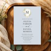 Invitation Dusty Blue Hydrangea Bow Crest Monogram Wedding