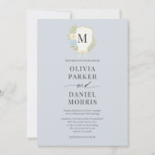 Invitation Dusty Blue Hydrangea Bow Crest Monogram Wedding (Devant)