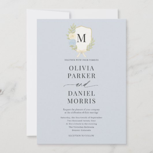 Invitation Dusty Blue Hydrangea Crest Monogram Photo Wedding (Devant)
