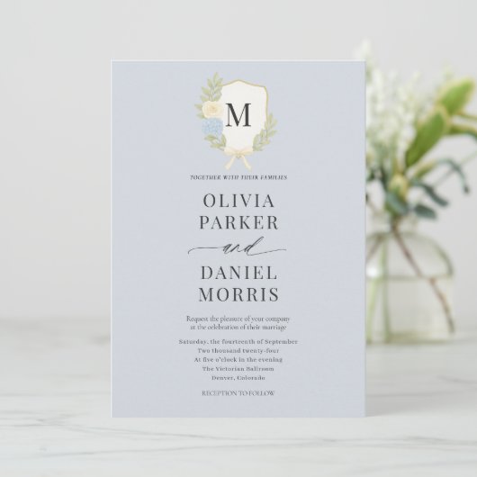 Invitation Dusty Blue Hydrangea Crest Monogram Photo Wedding (Debout devant)