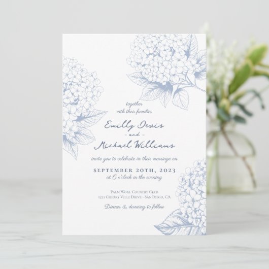 Invitation Dusty Blue Hydrangea Floral Mariage (Debout devant)