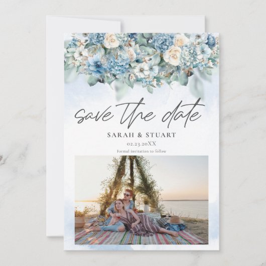 Invitation Dusty Blue Hydrangea Photo QR Code Enregistrer La  (Devant)