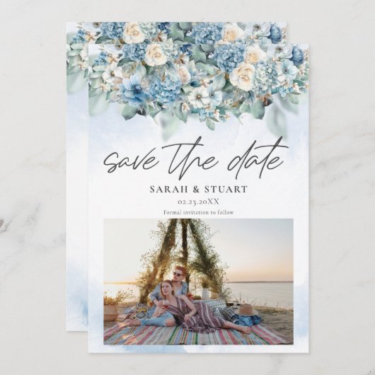 Invitation Dusty Blue Hydrangea Photo QR Code Enregistrer La  (Devant / Derrière)