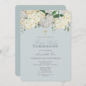 Invitation Dusty Blue Hydrangea Première Sainte Communion (Devant / Derrière)