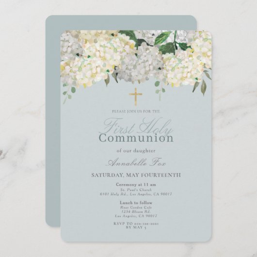 Invitation Dusty Blue Hydrangea Première Sainte Communion (Devant / Derrière)