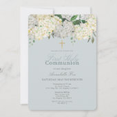 Invitation Dusty Blue Hydrangea Première Sainte Communion (Devant)