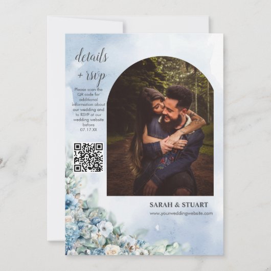 Invitation Dusty Blue Hydrangea Rose Photo QR Code Mariage (Dos)