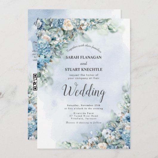 Invitation Dusty Blue Hydrangea Rose Photo QR Code Mariage (Devant / Derrière)