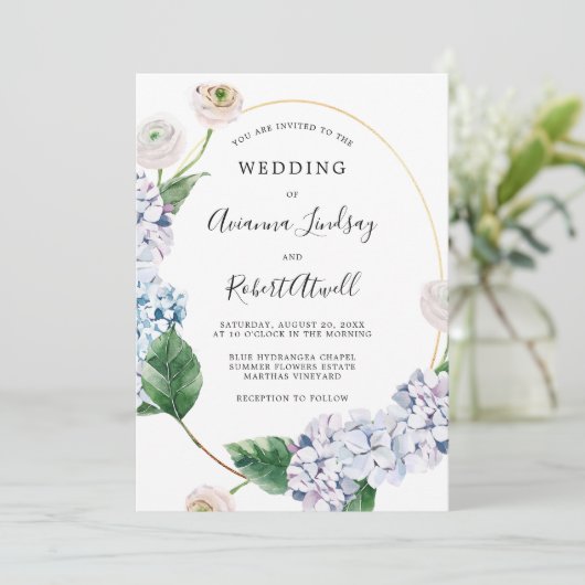 Invitation Dusty Blue Hydrangea White Rose Mariage (Debout devant)