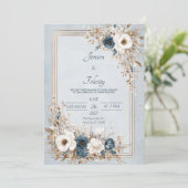 Invitation Dusty Blue & Ivory Floral Gold Frame Mariage (Debout devant)
