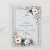 Invitation Dusty Blue & Ivory Floral Gold Frame Mariage (Devant / Derrière)