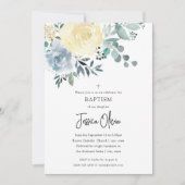 Invitation Dusty Blue Ivory Floral Greenerm Baptême (Devant)