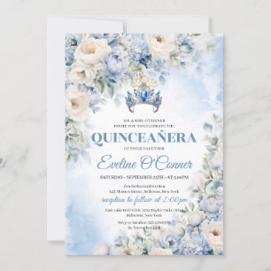 Invitation Dusty Blue & Ivory Flowers couronne bleue Quinceañ
