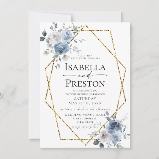 Invitation Dusty Blue Ivory White Gold Floral Mariage Invitat (Devant)
