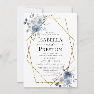 Invitation Dusty Blue Ivory White Gold Floral Mariage Invitat