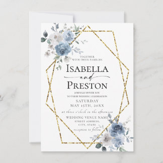Invitation Dusty Blue Ivory White Gold Floral Mariage Invitat