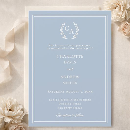 Invitation Dusty blue ivory wreath monogram luxury wedding 