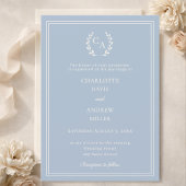 Invitation Dusty blue ivory wreath monogram simple wedding 