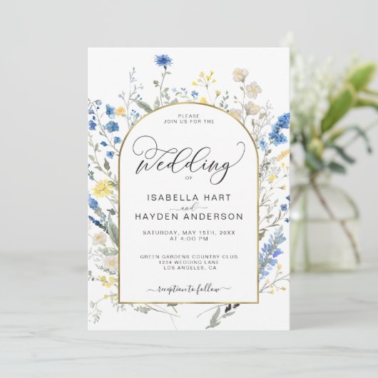 Invitation Dusty Blue Jellow Dainty Mariage botanique floral (Debout devant)
