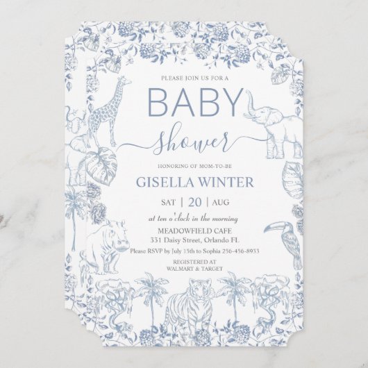 Invitation Dusty Blue Jungle Animaux Toile Baby shower (Devant / Derrière)
