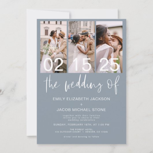 Invitation Dusty Blue Le Mariage de la photo Code QR Minimali (Devant)